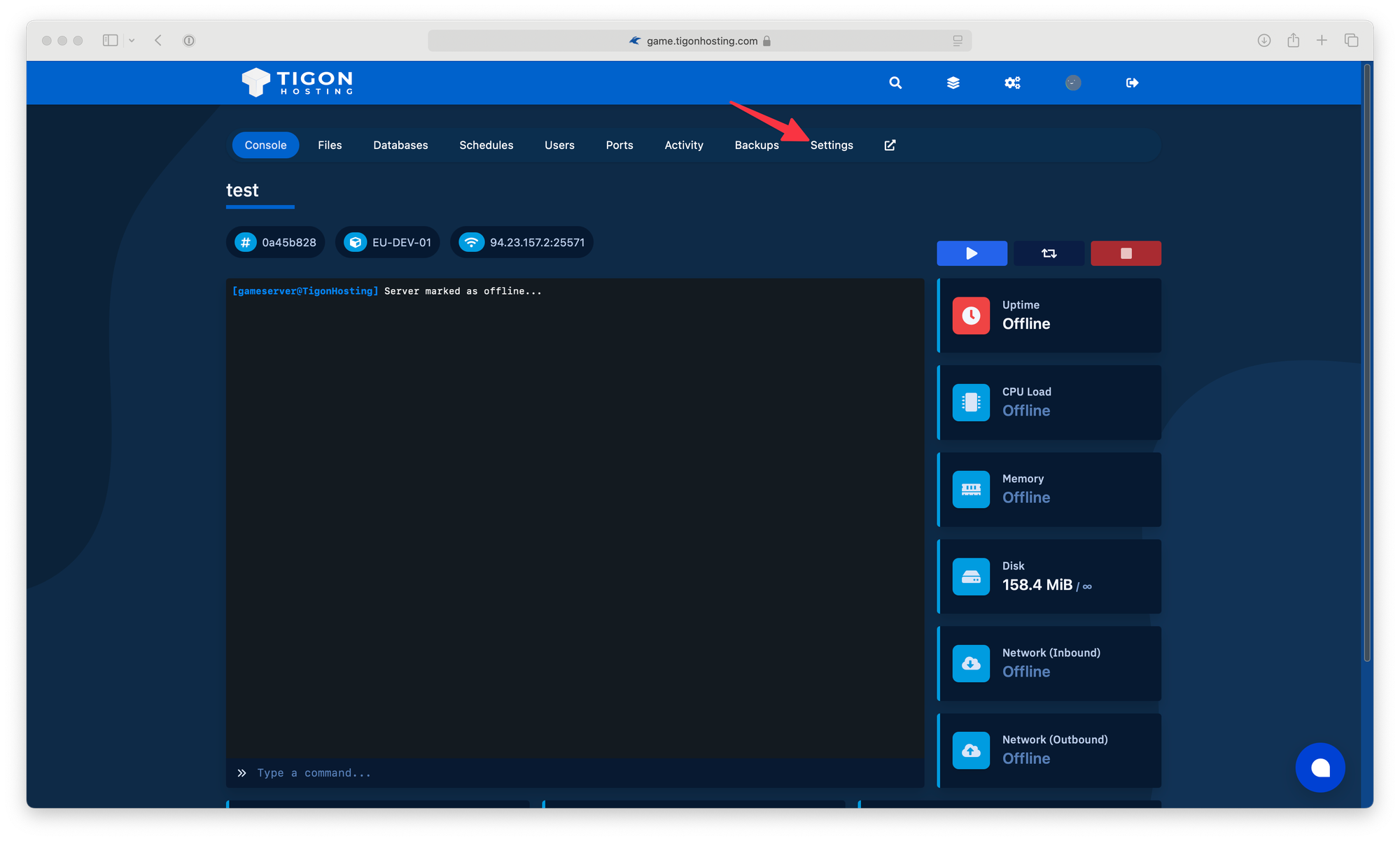 Game Panel with settings tab direction.