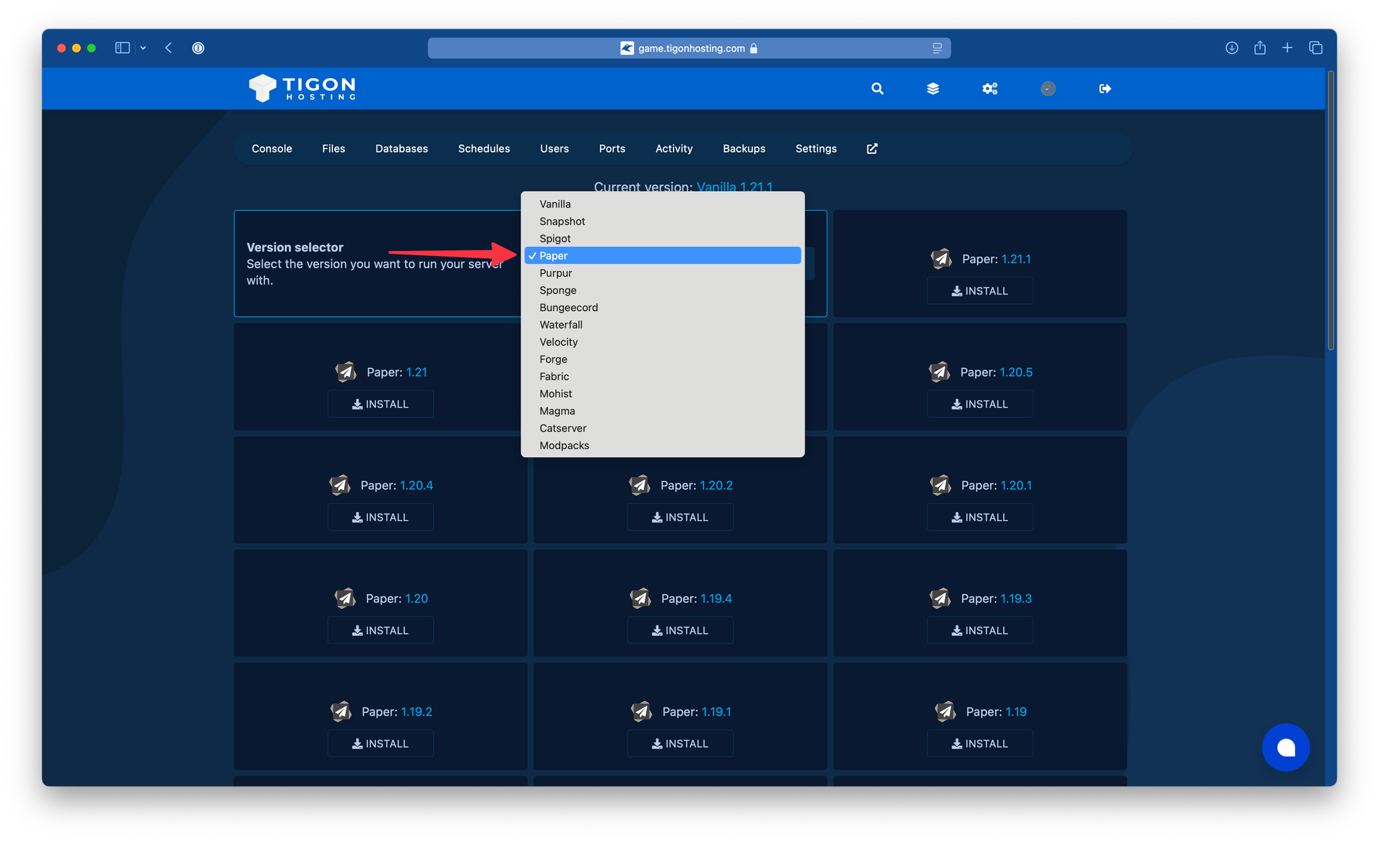 Game Panel Minecraft version changer page, directing to select Paper sigot from version dropdown
